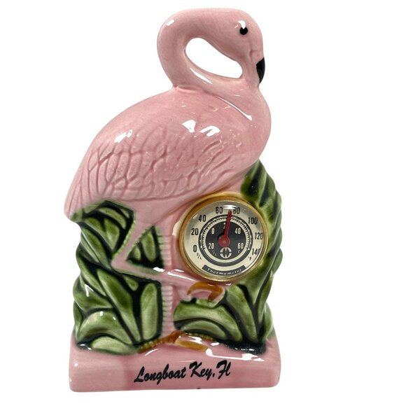 Vintage Florida Longboat Key Pink Flamingo Thermometer Figurine Kitsch Souvenir - Picture 1 of 10